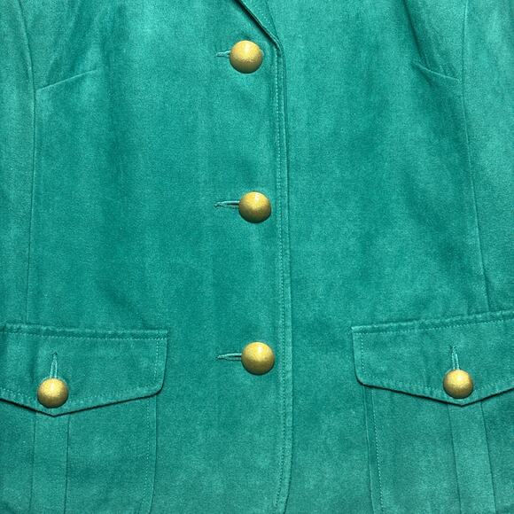 Studio Works Faux Suede Blazer Jacket 12 Emerald Green Gold Button Retro Chic - Picture 3 of 8